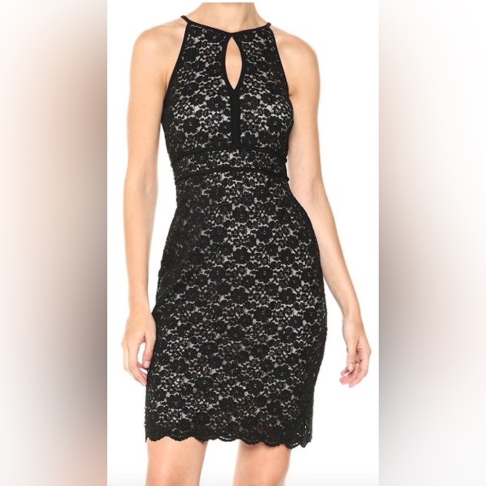 Nightway Lace Overlay Sequin Cocktail Halter Dress Black Sz 8 $109 Mini NWT